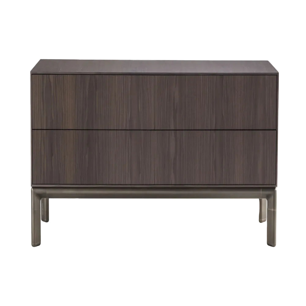 Wooden nightstand with two drawers on a white background
