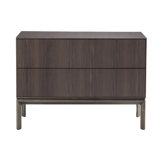 Wooden nightstand with two drawers on a white background