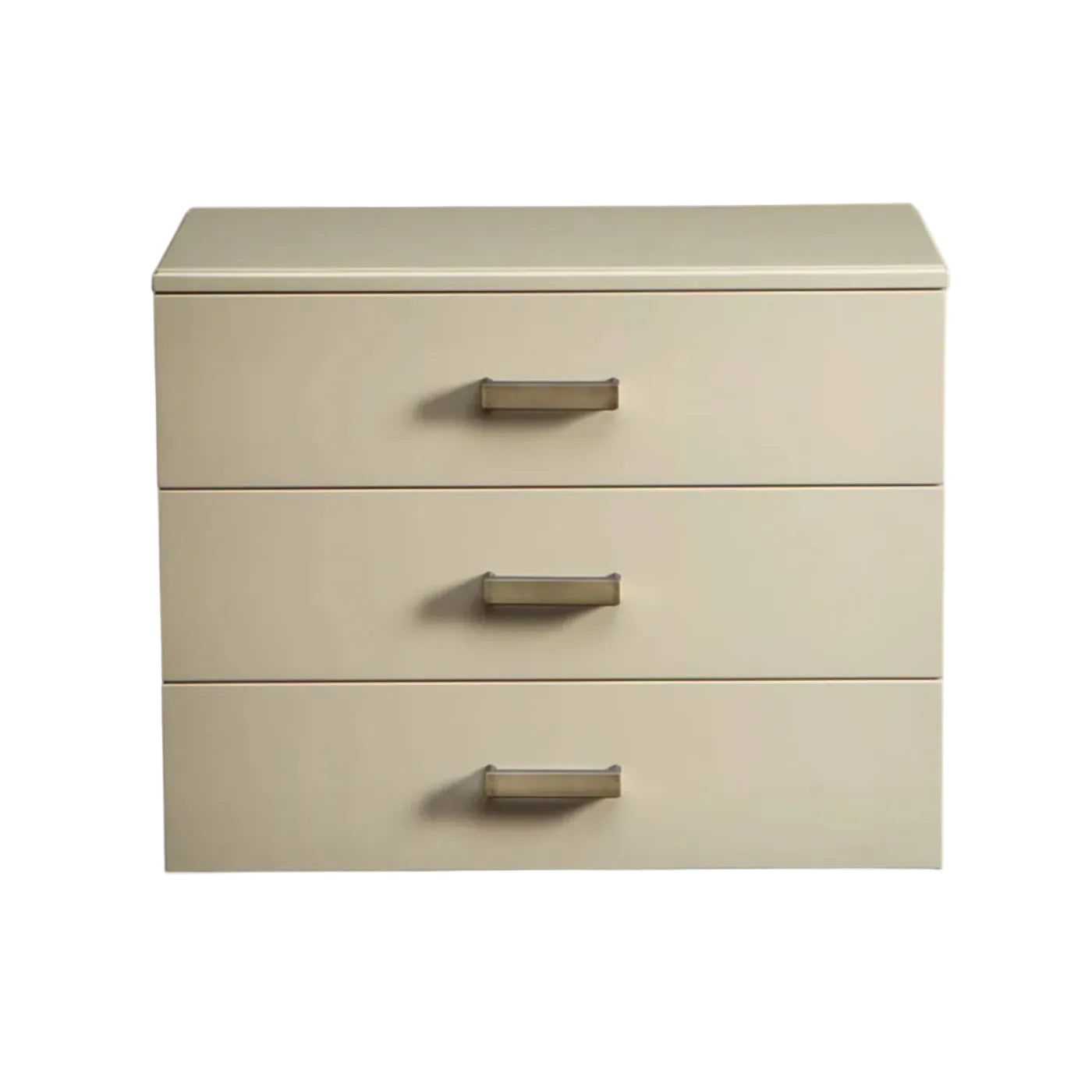 A three-drawer nightstand or storage cabinet in a warm cream-beige finish with slim metallic drawer pulls, shown against a plain white background.