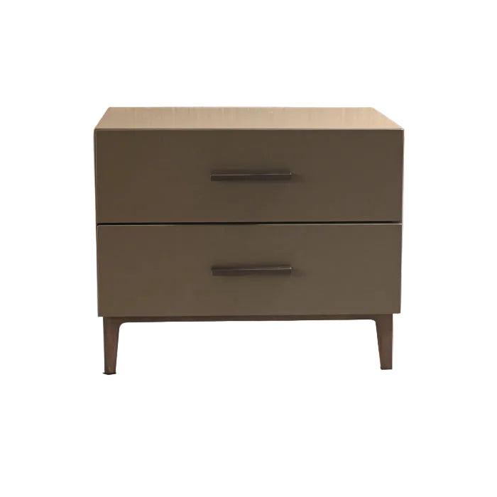 A two-drawer nightstand with a light wood top, a taupe-brown drawer front, and dark brown legs, shown against a neutral light gray background.