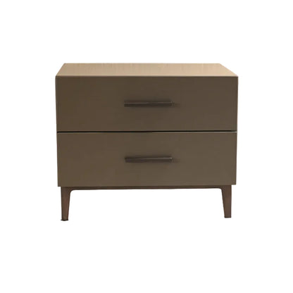 A two-drawer nightstand with a light wood top, a taupe-brown drawer front, and dark brown legs, shown against a neutral light gray background.