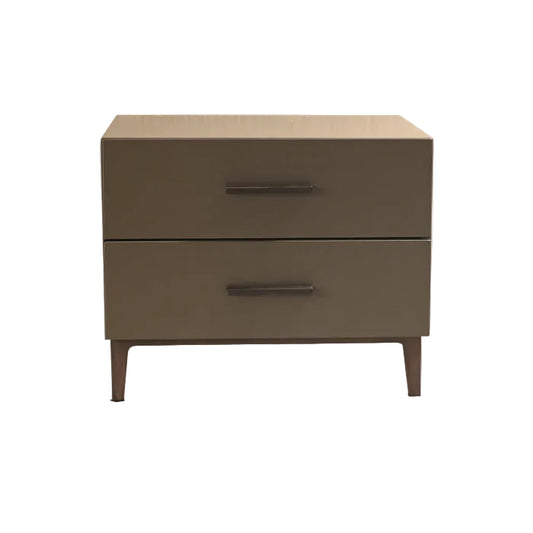 A two-drawer nightstand with a light wood top, a taupe-brown drawer front, and dark brown legs, shown against a neutral light gray background.