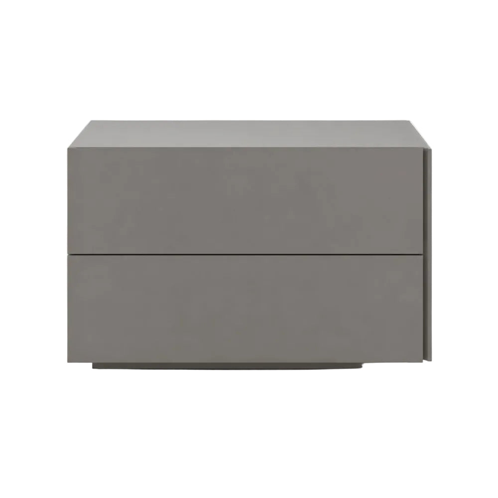 A modern two-drawer nightstand or side table in a matte taupe-gray finish, shown from a front-facing perspective against a plain white background.