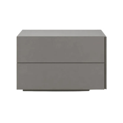 A modern two-drawer nightstand or side table in a matte taupe-gray finish, shown from a front-facing perspective against a plain white background.