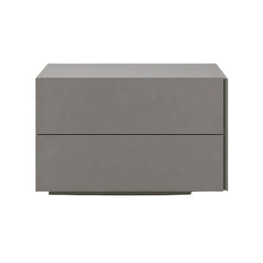 A modern two-drawer nightstand or side table in a matte taupe-gray finish, shown from a front-facing perspective against a plain white background.