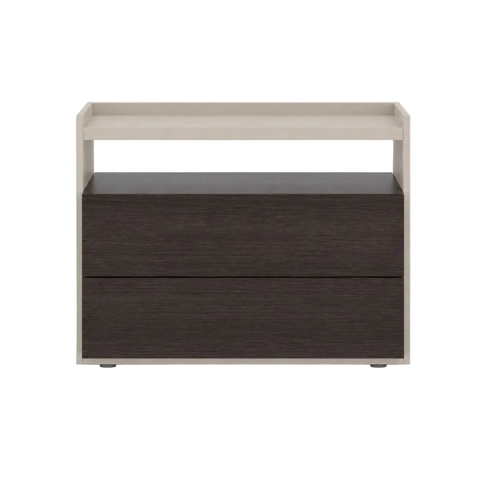 A modern two-drawer nightstand or storage unit with a dark brown wood-grain finish on the front drawers and a light beige frame and top shelf, shown against a plain white background.