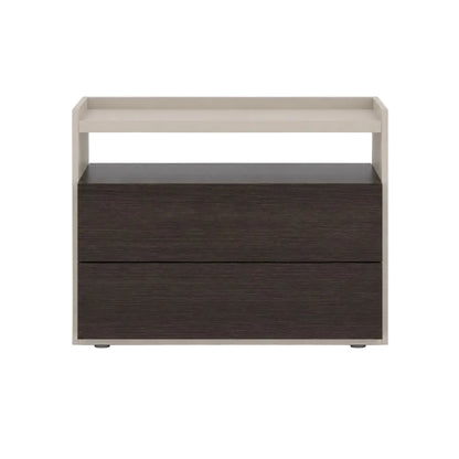 A modern two-drawer nightstand or storage unit with a dark brown wood-grain finish on the front drawers and a light beige frame and top shelf, shown against a plain white background.