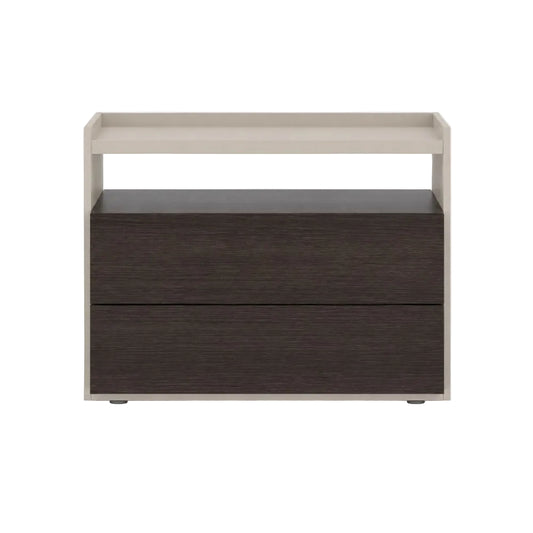 A modern two-drawer nightstand or storage unit with a dark brown wood-grain finish on the front drawers and a light beige frame and top shelf, shown against a plain white background.