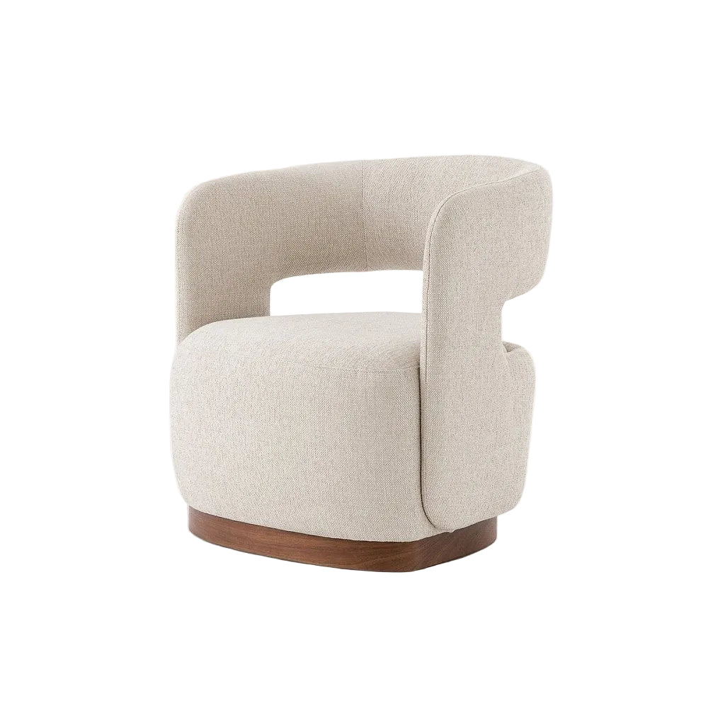 A modern barrel-style accent chair upholstered in a textured light beige fabric, featuring a curved backrest with a cutout and a dark brown wooden swivel base, shown against a plain off-white background.