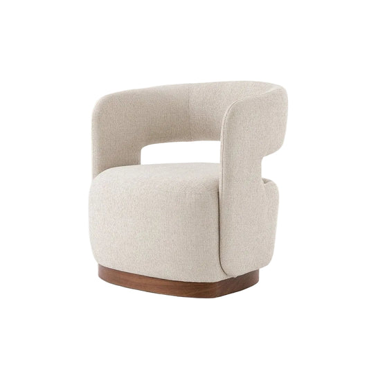 A modern barrel-style accent chair upholstered in a textured light beige fabric, featuring a curved backrest with a cutout and a dark brown wooden swivel base, shown against a plain off-white background.