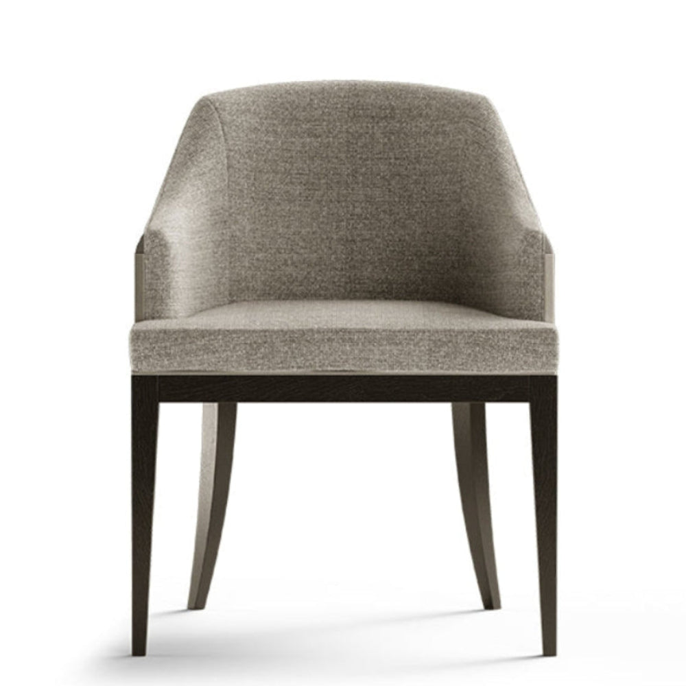 A modern upholstered dining chair with a curved backrest, light gray textured fabric, and dark tapered wooden legs, shown against a plain white background.
