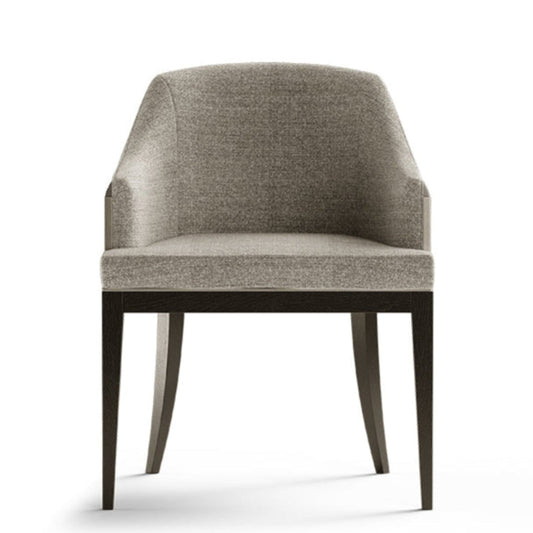 A modern upholstered dining chair with a curved backrest, light gray textured fabric, and dark tapered wooden legs, shown against a plain white background.