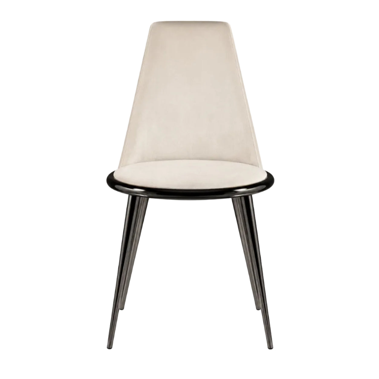 A modern dining chair with a tapered beige upholstered backrest and seat, supported by a glossy black metal circular frame and three slim angled legs, shown against a plain white background.