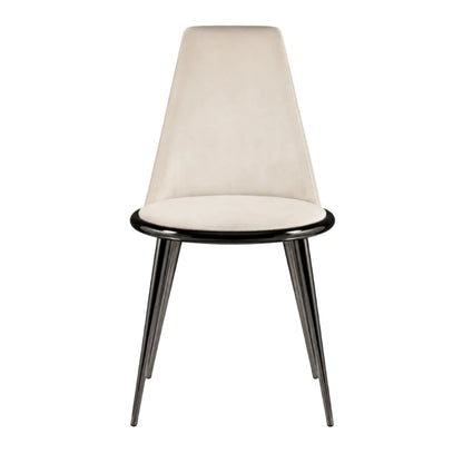 A modern dining chair with a tapered beige upholstered backrest and seat, supported by a glossy black metal circular frame and three slim angled legs, shown against a plain white background.