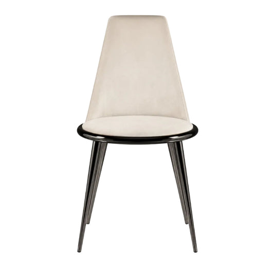 A modern dining chair with a tapered beige upholstered backrest and seat, supported by a glossy black metal circular frame and three slim angled legs, shown against a plain white background.